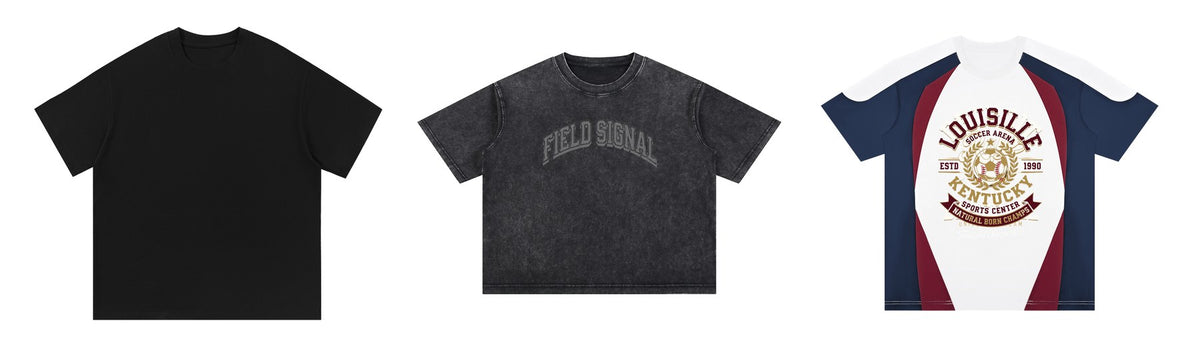 The three Fashion Mesh t-shirts: plain black, washed black, and a navy, red and white raglan