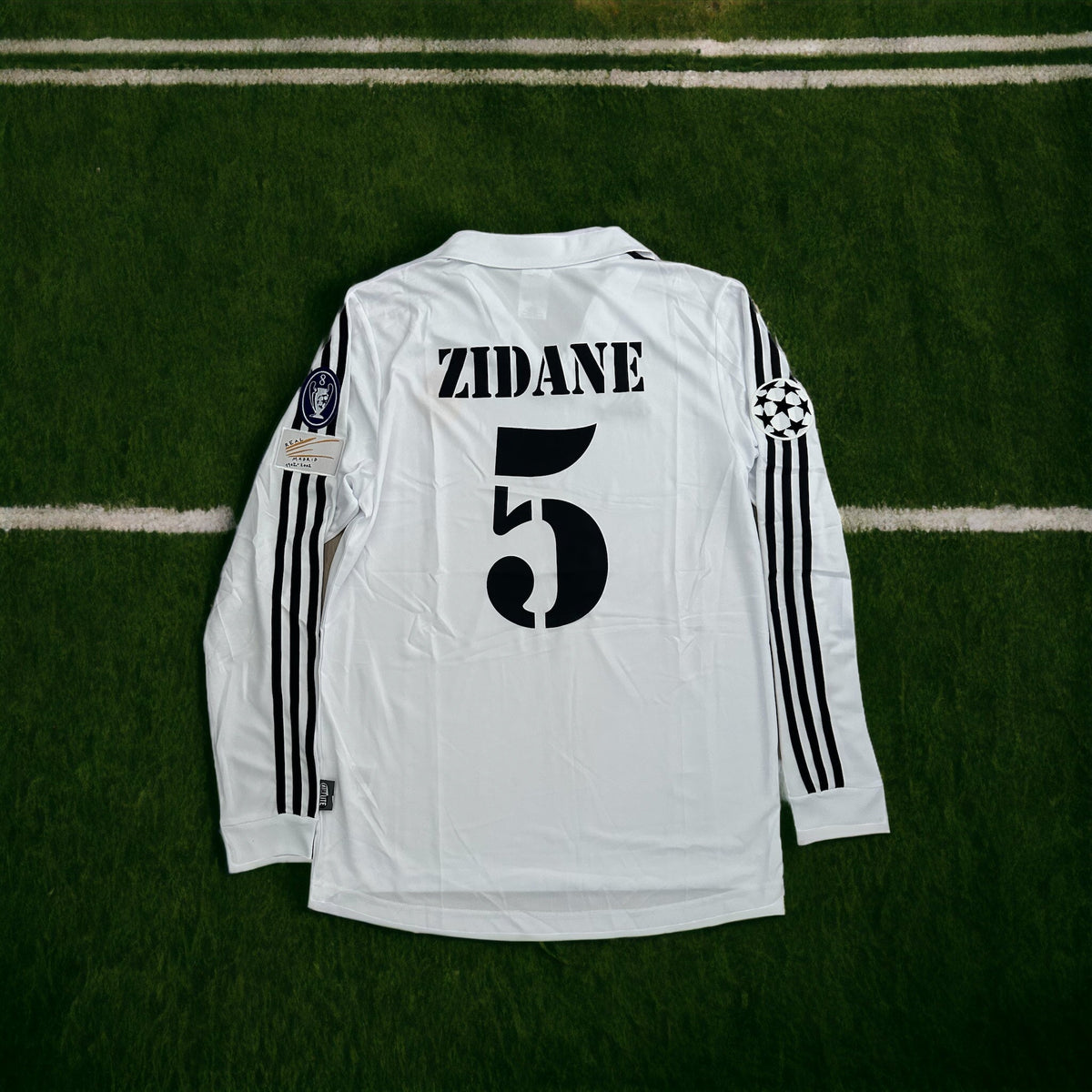 Real Madrid Zidane #5 2002 Final Home White Long Sleeve Retro Soccer Jersey Men Size