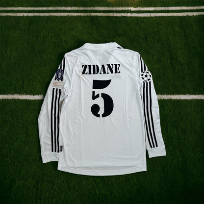 Real Madrid Zidane #5 2002 Final Home White Long Sleeve Retro Soccer Jersey Men Size