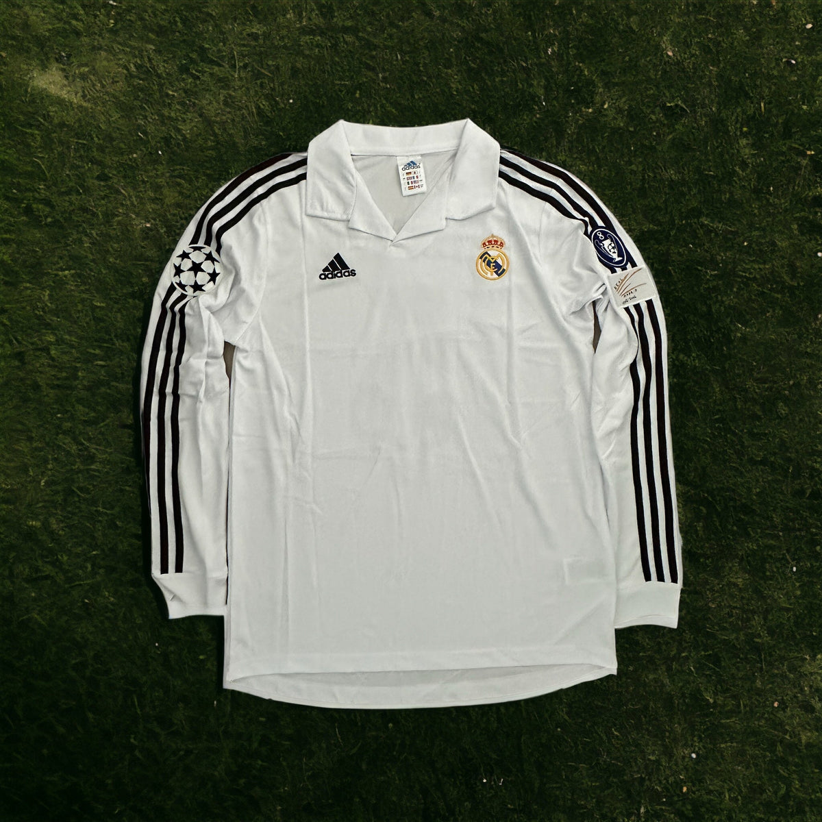 Real Madrid Zidane #5 2002 Final Home White Long Sleeve Retro Soccer Jersey Men Size