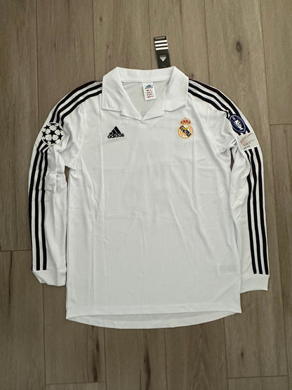 Real Madrid Zidane #5 2002 Final Home White Long Sleeve Retro Soccer Jersey Men Size