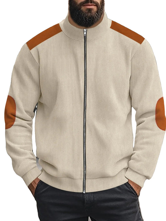 Men's plus size zip-up jacket in apricot with elbow patches, worn, front